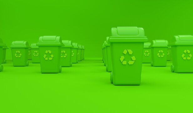 Green recycle bins arranged in rows symbolizing environmental responsibility