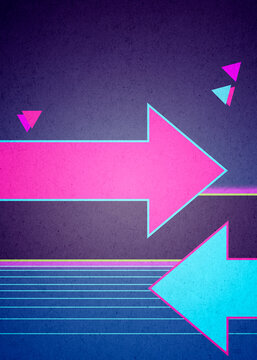 Vaporwave abstract illustration with neon arrows and geometric shapes