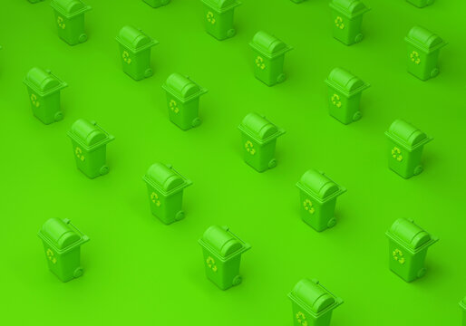 Green recycle bins arranged in a repeating pattern symbolizing ecology