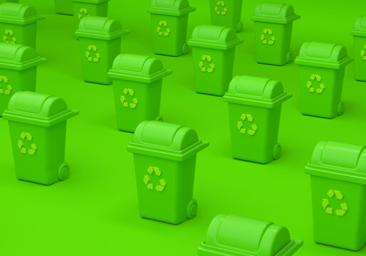 Green recycle bins arranged in a geometric pattern symbolizing ecology