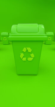 Green recycling bin with recycle symbol on solid color background