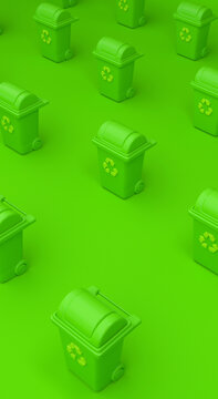 Green recycling bins arranged in pattern reflecting ecology and waste management