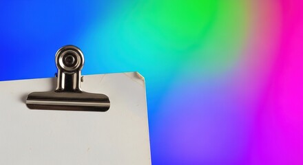 Silver push pin on white surface with vibrant rainbow gradient background for business success and creativity