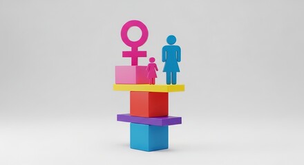 3D gender equality symbol with diverse figurines on colorful balance scale in minimalist setting