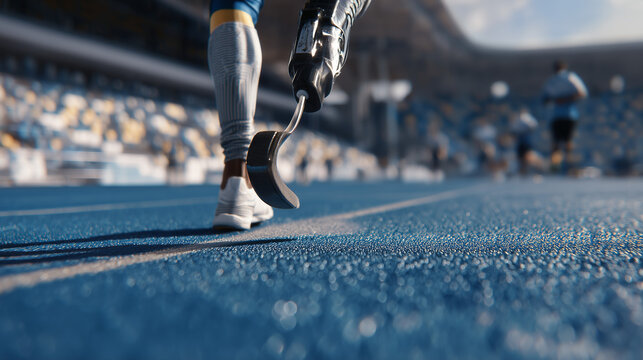 Ai Person using a running blade on a track during a sports event in a stadium with spectators in the background