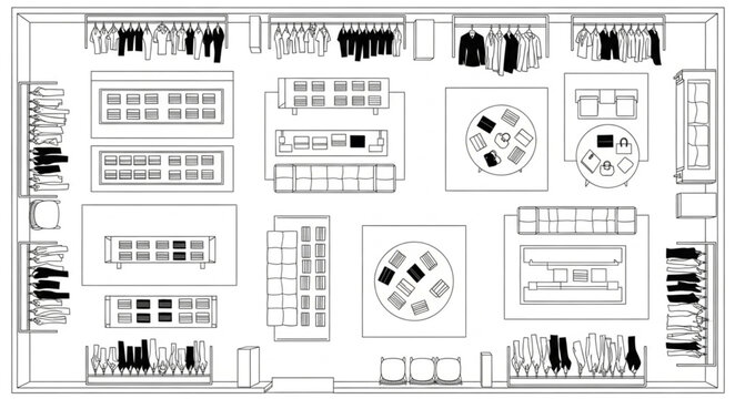 Top-down view of a retail store layout with clothing racks and displays.