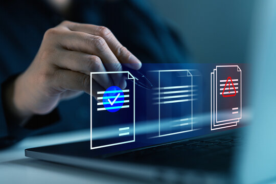 Document verification and compliance approval concept digital files with approved checkmark and warning alert symbol. Risk assessment, audit process, quality control and regulatory compliance.