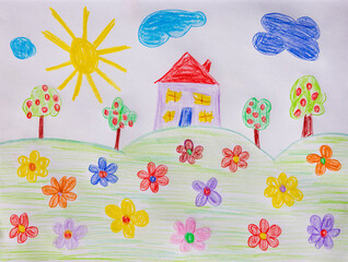 Naive illustration of house and garden with flowers and sunshine
