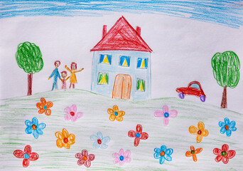 Naive illustration of family with house, garden, flowers and sunshine