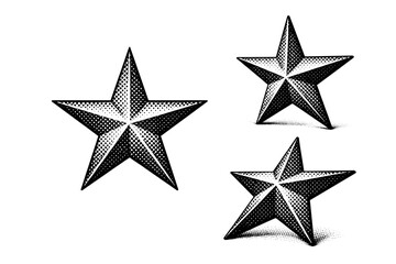 Fototapeta premium Halftone classic star icon. A five-point star icon is shown in three views: flat front view, rotated side view, and three-quarter angled view, focusing on