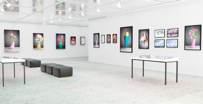 Modern art gallery with colorful 3D illustrations on canvas