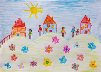 Naive illustration of family houses and flower garden under sunny sky