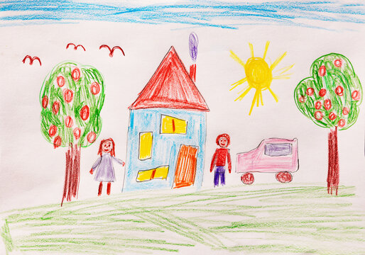 Naive child drawing of house with family car fruit tree and sunshine