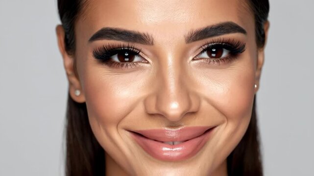 Close up portrait of a smiling woman with full makeup and defined eyebrows