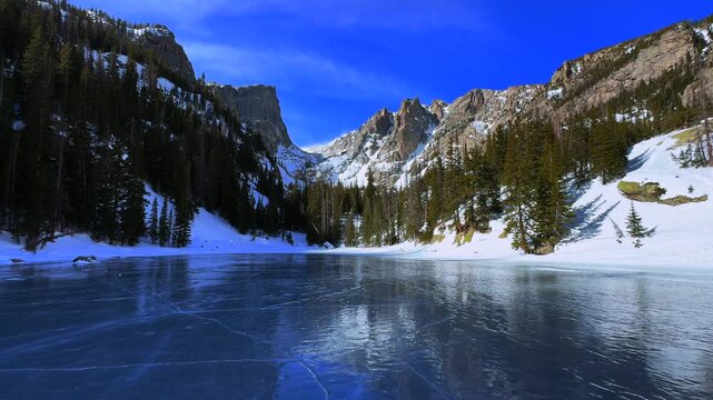 Dream Lake Winter clear deep blue ice Rocky Mountain National Park RMNP Colorado Emerald Lake frozen landscape high alpine Bear Lake trail Hallett Peak sunny blue sky Flattop Mountains zoom out