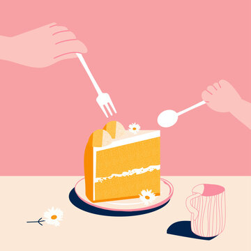Hands of a mother and child sharing a slice of simnel cake for a cute, loving family moment on Mothering Sunday or Mothers Day, celebrating care and connection by eating a sweet spring treat together