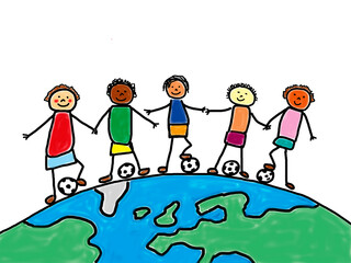 Happy children playing soccer on globe in naive illustration style