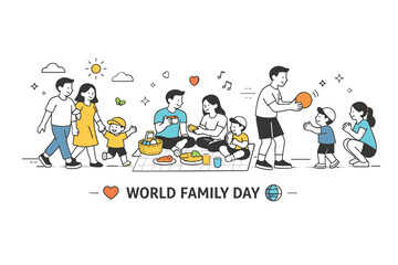 Fototapeta premium World Family Day activities. A friendly outdoor or indoor scene with families walking, playing, or sharing a meal together. The mood feels lively yet calm,