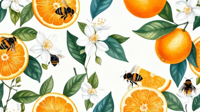 Vibrant citrus pattern with oranges, blossoms, and bees on white background