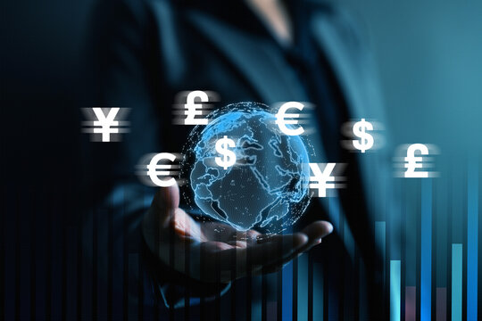 Global currency exchange concept with digital globe and floating dollar, euro, pound and yen symbols, forex trading, international finance, cross border payments and global investment growth.