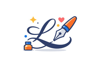 Typography in calligraphy celebrating expressive letterforms and handcrafted elegance. A compact visual metaphor with a flowing script letter drawn by a pen