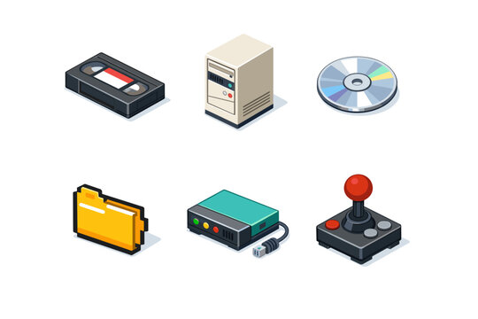 Retro tech. Isometric flat vector icons set of retro tech: VHS tape, old PC tower, CD-ROM, pixelated folder icon, dial-up modem, joystick controller. Arrange