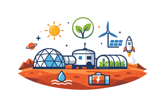 Mars colonization plans focused on sustainable living and self-sufficient habitats in space. A clear visual metaphor combining a Mars surface,