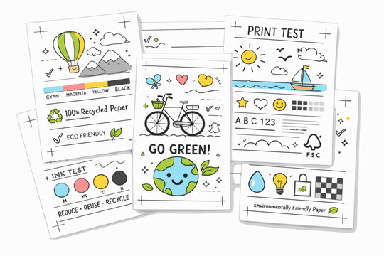 Recycled paper print tests. A flat lay view of multiple printed sheets on recycled and FSC-certified papers, annotated with light testing marks and eco labels.