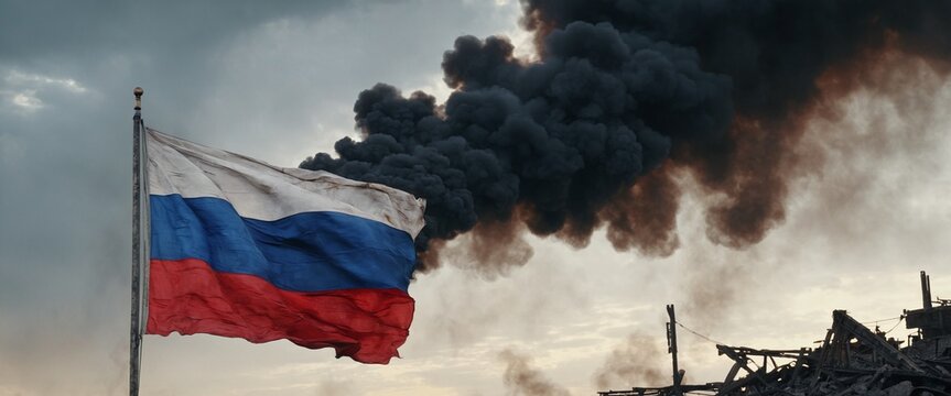 Russian flag flying proudly in the wind, smoke and destruction - aftermath of war