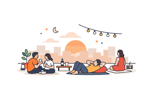 Rooftop sunset hangouts focusing on slow living and urban escape as the city fades into soft shapes while people enjoy simple moments above the