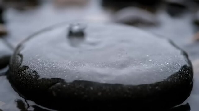 Zen pebble splash, water dropping on river rocks, close-up macro, mindful nature, peaceful mood, meditative scene, cool tones, tranquil, outdoors