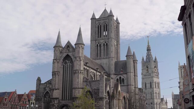 Tilt up at Saint Nicholas' Church and Belfry of Ghent Belgium