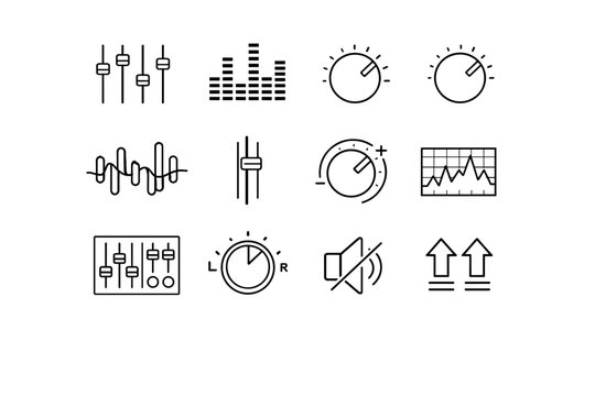 Music equalizer. Line icon set of Music equalizer: equalizer sliders, vertical bars, bass knob, treble knob, frequency bands, volume slider,