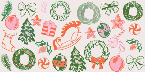 Hand drawn christmas decorations including wreaths ornaments and a reindeer © Sujal