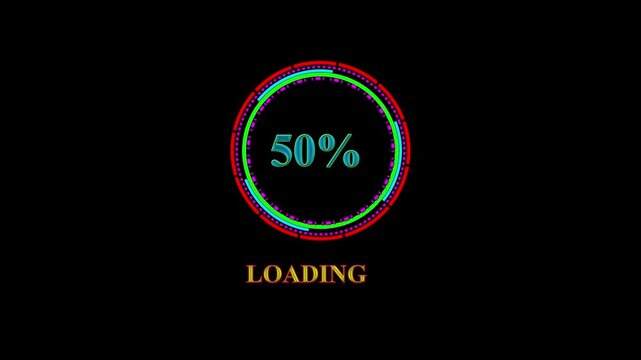 Animated loading circle 0 to 100% percent complete progress bar digital interface technology modern design. Loading screen animation 100% percent complete progress bar animated