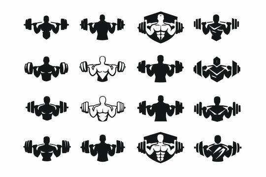 Someone lifting heavy weights at the gym. Icon set. Set Logo of Someone lifting heavy weights at the gym: flexed lifter with barbell. harmonious logo