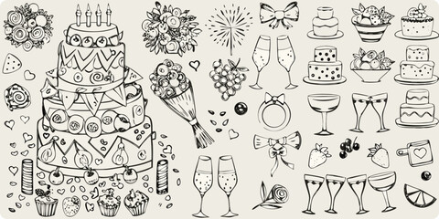 A collection of hand drawn wedding themed illustrations in black and white