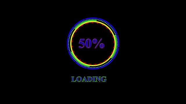 Animated loading circle 0 to 100% percent complete progress bar digital interface technology modern design. Loading screen animation 100% percent complete progress bar animated