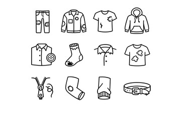 Worn Clothing Icons. Worn clothing. Line icon set of Worn clothing: ripped jeans, patched jacket, torn t-shirt, faded hoodie, missing button, threadbare sock,