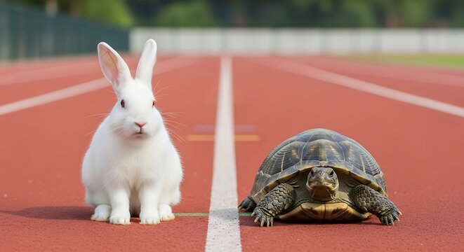 White rabbit and tortoise on a red running track outdoor