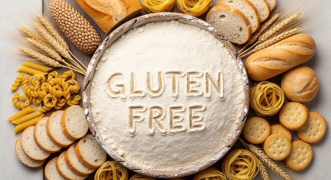 Conceptual view of assorted gluten-free foods arranged around a bowl of gluten-free flour.
