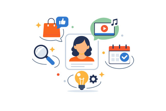 Real-Time Personalization focused on predictive recommendations and smart assistance. A friendly scene with suggestion icons appearing naturally around a user