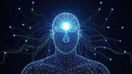 Human brain digital neural network glowing futuristic technology innovation AI intelligence blue circuit data science