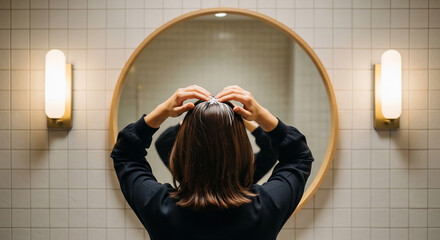 鏡の前に立つ女性の姿を捉えた暖かい雰囲気の写真