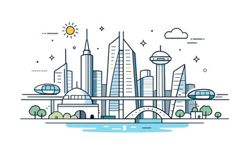 Fototapeta premium Futuristic cityscapes. Clean futuristic skyline with tall geometric buildings, soft glowing windows, and floating transport lines. Calm