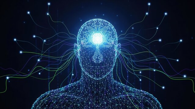 Human brain digital neural network glowing futuristic technology innovation AI intelligence blue circuit data science