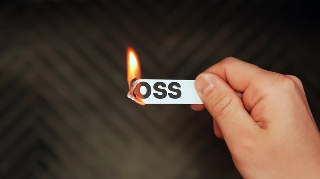 Hand burns a paper label reading &ldquo;LOSS&rdquo; against a dark background, symbolizing grief or financial setback. Strong copy space for dramatic concepts and ads.