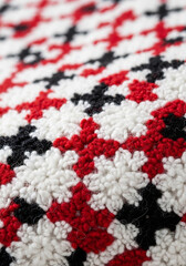 赤と黒の模様が織り込まれた白いテクスチャの温かいクローズアップ