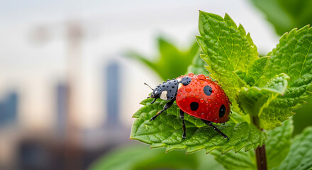 Obraz premium Extreme Macro of Ladybug on Mint Leaf in Urban Rooftop Garden