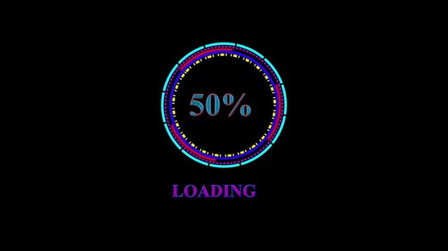 Animated loading circle 0 to 100% percent complete progress bar digital interface technology modern design. Loading screen animation 100% percent complete progress bar animated